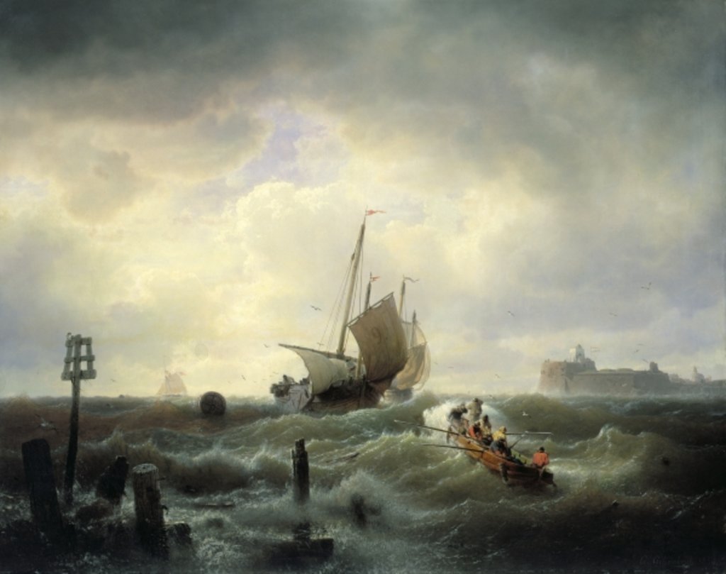 Detail of The Entrance to the Harbour at Hellevoetsluys, 1850 by Andreas Achenbach