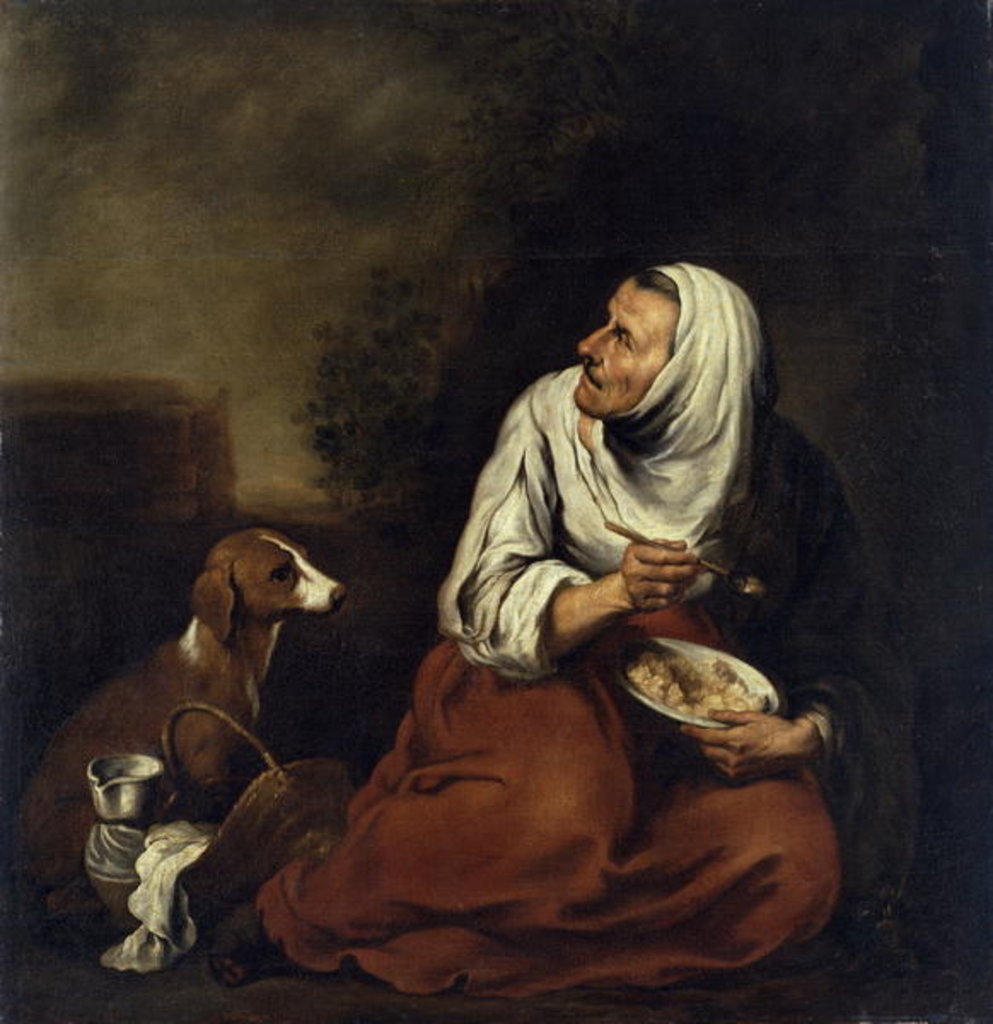 Detail of Old Woman with Dog by Bartolome Esteban Murillo