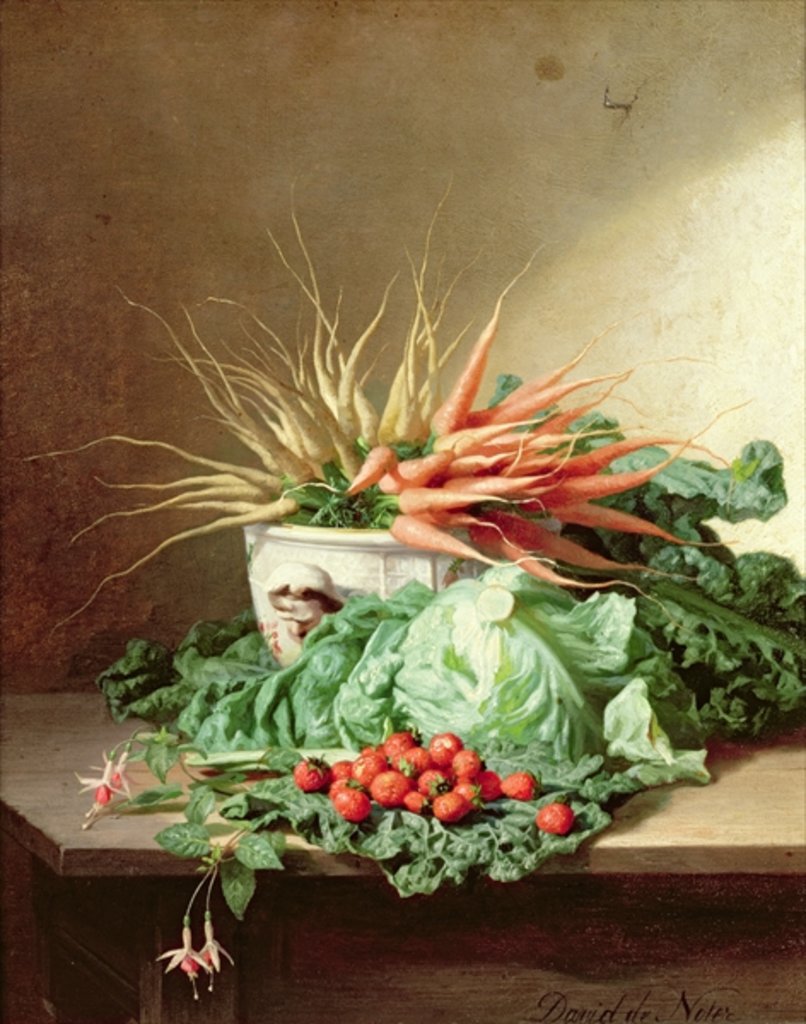 Detail of Still Life of Strawberries, Carrots and Cabbage by David Emil Joseph de Noter
