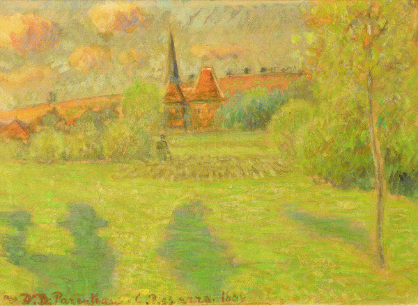 Detail of The shepherd and the church of Eragny, 1889 by Camille Pissarro