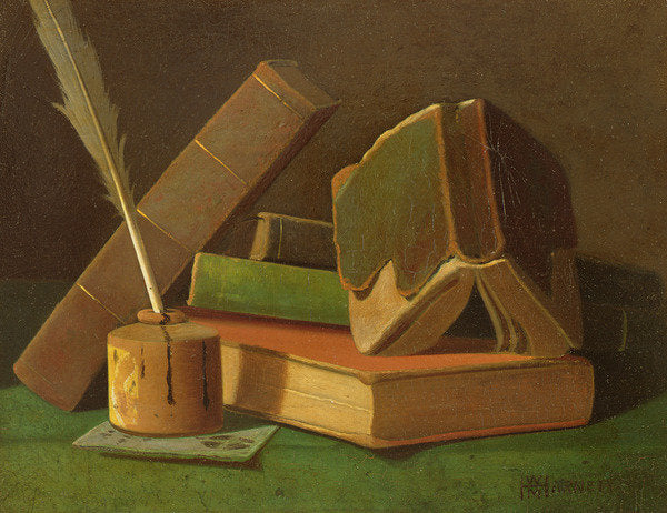 Detail of Still life with books and ink well by William Michael Harnett