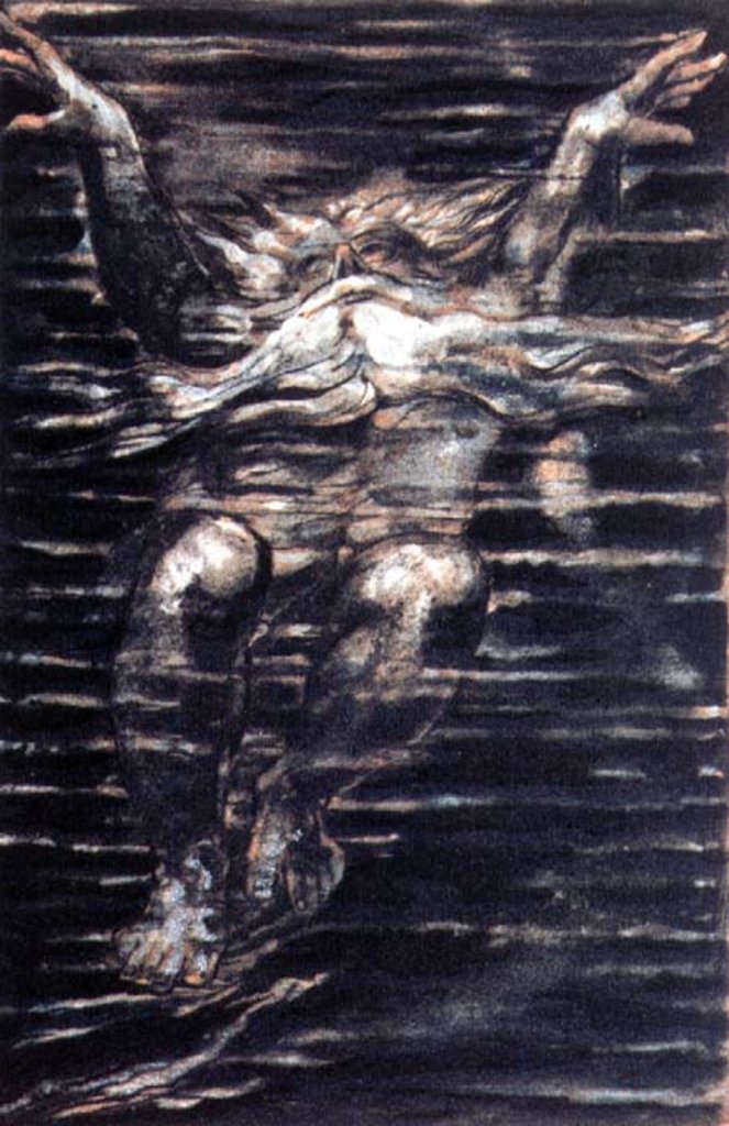 Detail of The First Book of Urizen; Bearded man swimming through water, 1794 by William Blake