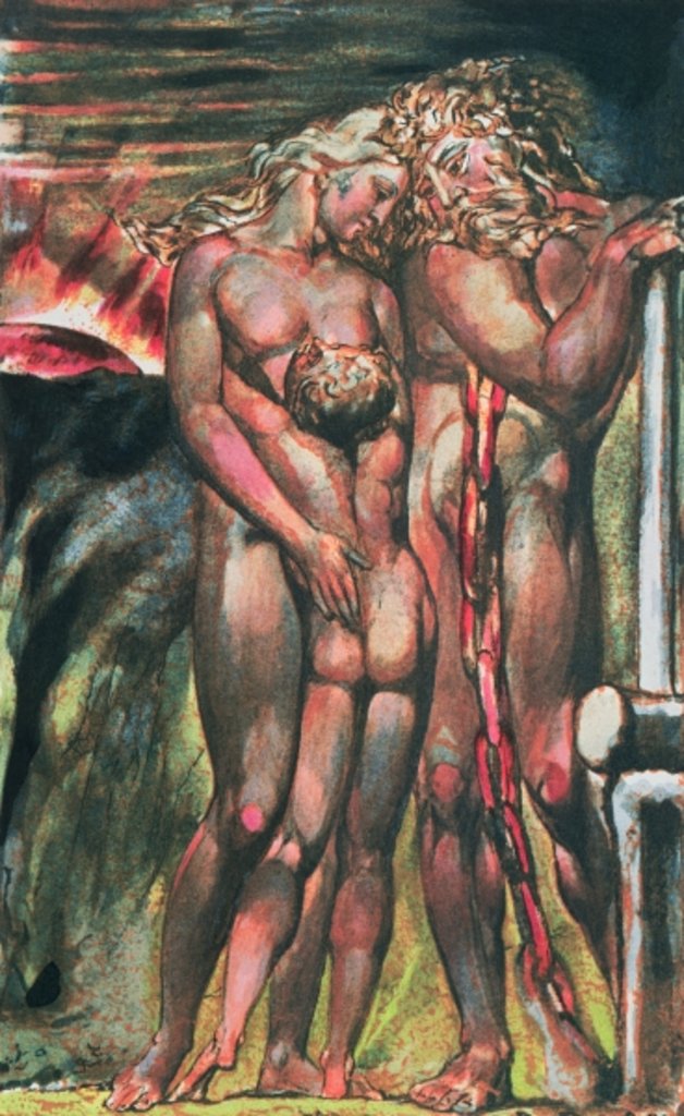 Detail of The First Book Of Urizen; Los at the forge with Enitharmon and Orc by William Blake