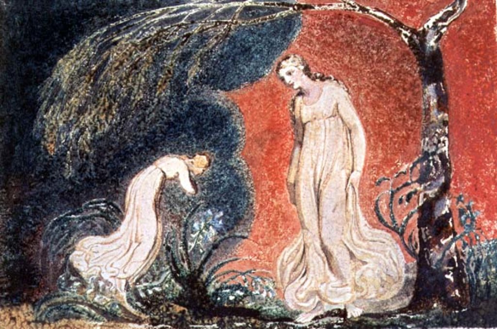 Detail of Book of Thel; the Lily bowing before Thel, before going off 'to mind her numerous charge among the verdant grass', 1789 by William Blake