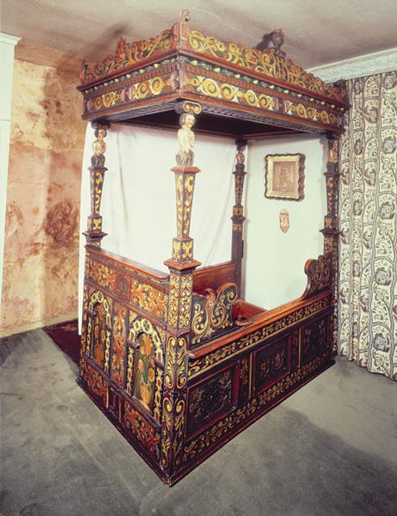 Detail of Painted four poster bed with Ionic capitals supported by figures of Adam, Eve, Cain and Abel, 1541 by Anonymous