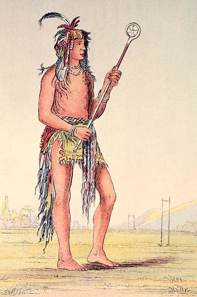 Detail of Sioux ball player Ah-No-Je-Nange, 'He who stands on both sides' by George Catlin