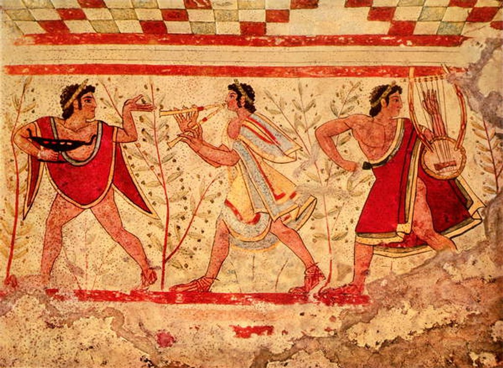 Detail of Etruscan musicians, copy of a 5th century BC fresco in the Tomb of the Leopard at Tarquinia by Etruscan Etruscan