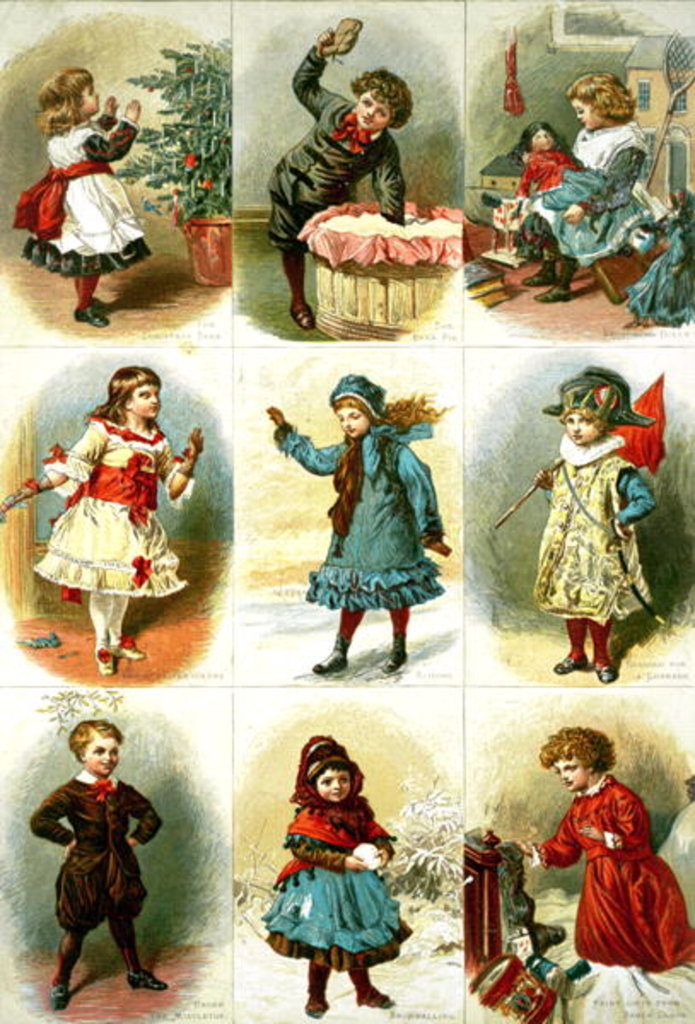 Detail of Christmas cards depicting various children's activities, pub. by Leighton Bros., 1882 by Charles J. Staniland