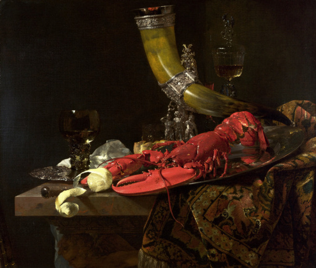 Detail of Still Life with the Drinking-Horn of the St. Sebastian Archers' Guild, Lobster and Glasses, c.1653 by Willem Kalf