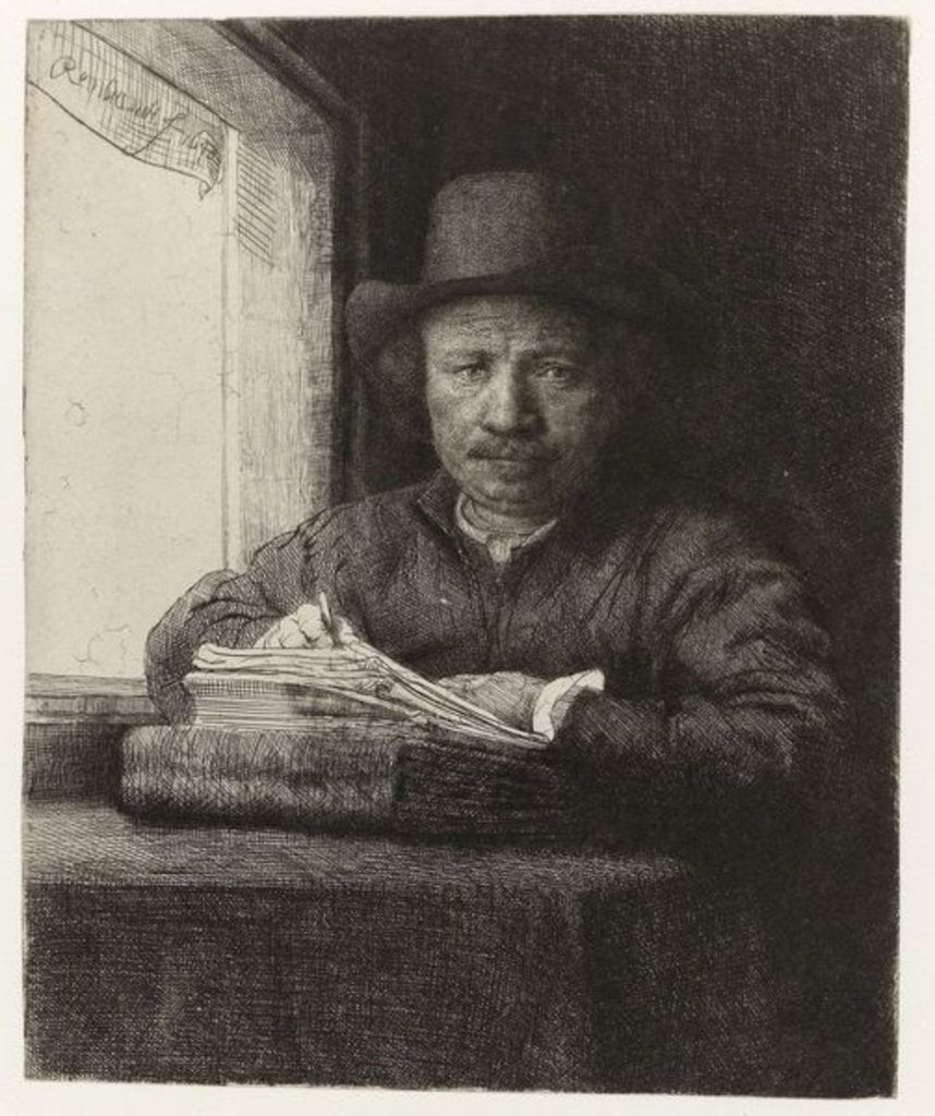 Detail of Self-portrait etching at a window, 1648 by Rembrandt Harmensz. van Rijn