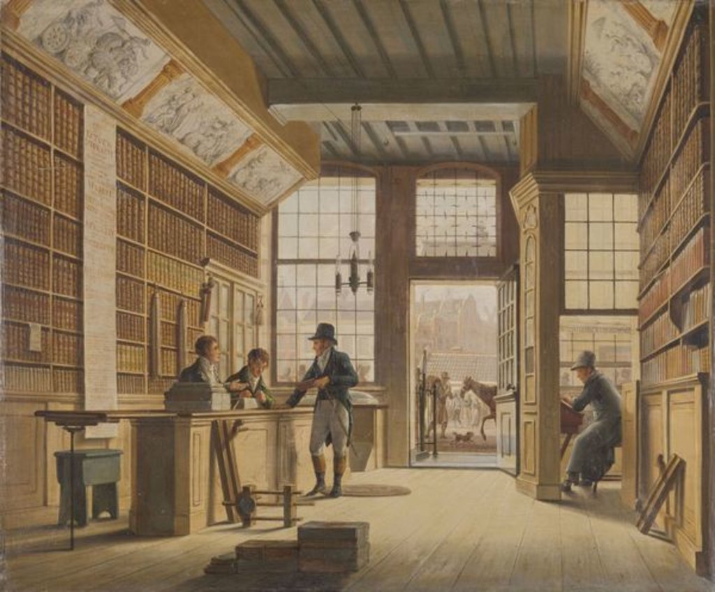 Detail of The Shop of the Bookdealer Pieter Meijer Warnars on the Vijgendam in Amsterdam, 1820 by Johannes Jelgerhuis
