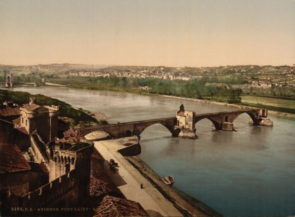 Detail of General view and Benezech or Benezet Bridge, Avignon, Provence, France, c.1890-c.1900 by Anonymous