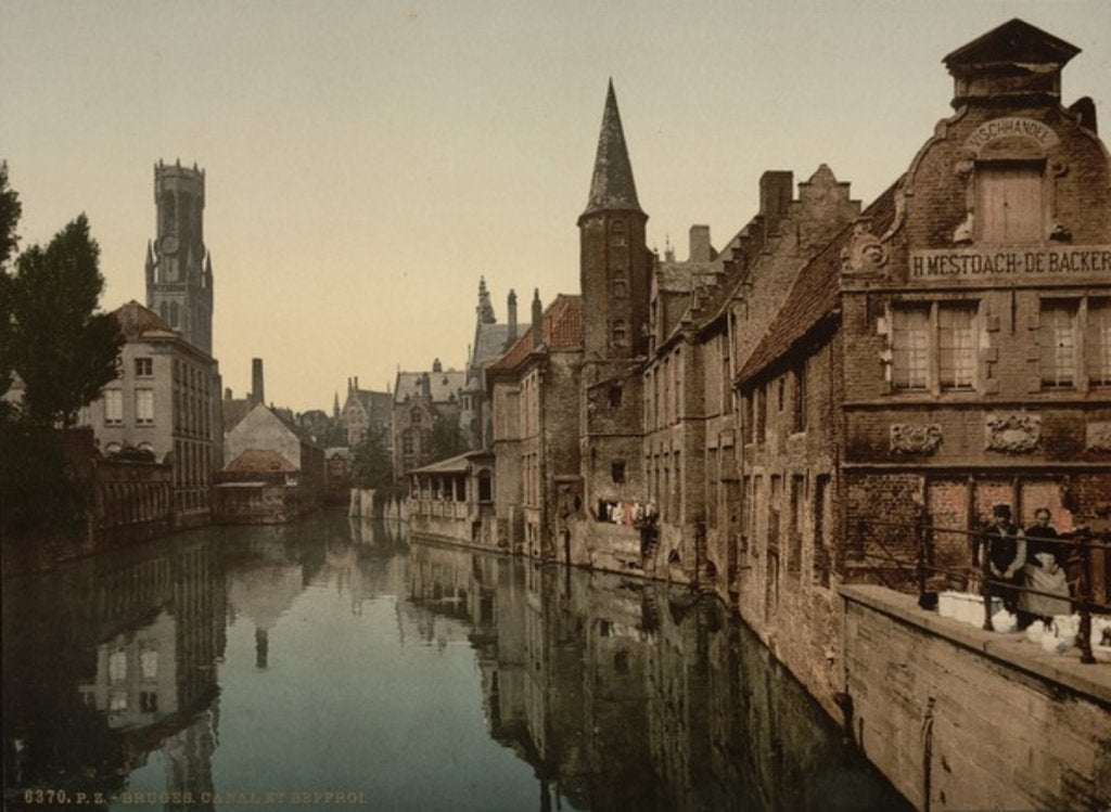 Detail of Canal and Belfry, Bruges, Belgium, c.1890-c.1900 by Anonymous