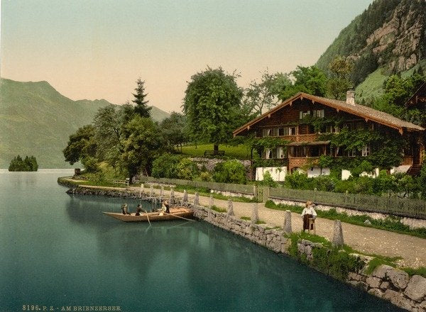 Detail of Brienz Lake, chalet on the lake, Bernese Oberland, Switzerland, c.1890-c.1900 by Anonymous