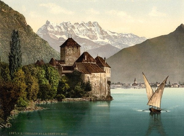 Detail of Chillon Castle, and Dent du Midi, Geneva Lake, Switzerland, c.1890-c.1900 by Anonymous