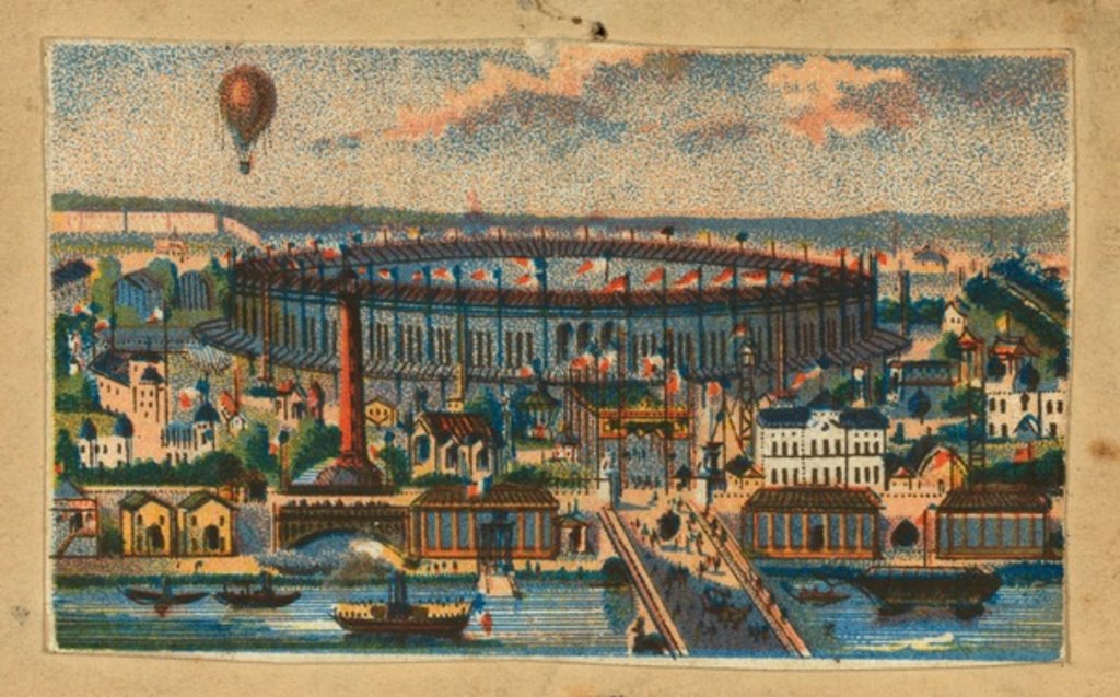 Detail of View of the Paris Exposition of 1867 showing waterfront, main exhibit building, and balloon flying in the distance by French School