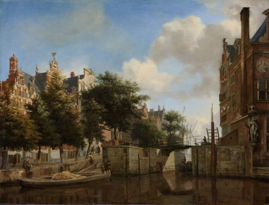 Detail of Amsterdam City View with Houses on the Herengracht and the old Haarlemmersluis, c.1670 by Jan van der Heyden
