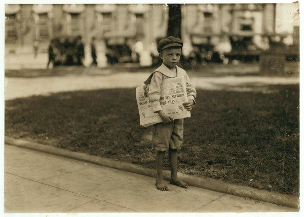 Detail of 7 year old newsboy Ferris in Mobile, Alabama, 1914 by Lewis Wickes Hine