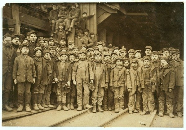 Detail of Breaker boys who sort coal by hand at Ewen Breaker of Pennsylvania Coal Co, South Pittston, Pennsylvania, 1911 by Lewis Wickes Hine