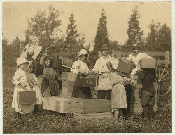 Detail of Children carrying their pecks of cranberries to the 'bushel man' at Theodore Budd's Bog, Turkeytown near Pemberton, New Jersey, 1910 by Lewis Wickes Hine