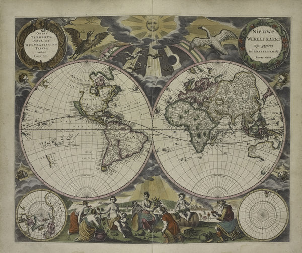 Detail of Double-hemisphere world map from Goos's Sea Atlas of the Water World, 1672 by Pieter Goos