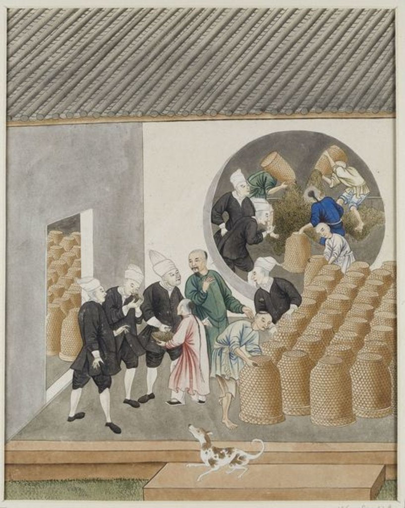 Detail of Turbanned Dutch VOC merchants smell tea for quality in a Canton tea warehouse, c.1770 by School Chinese