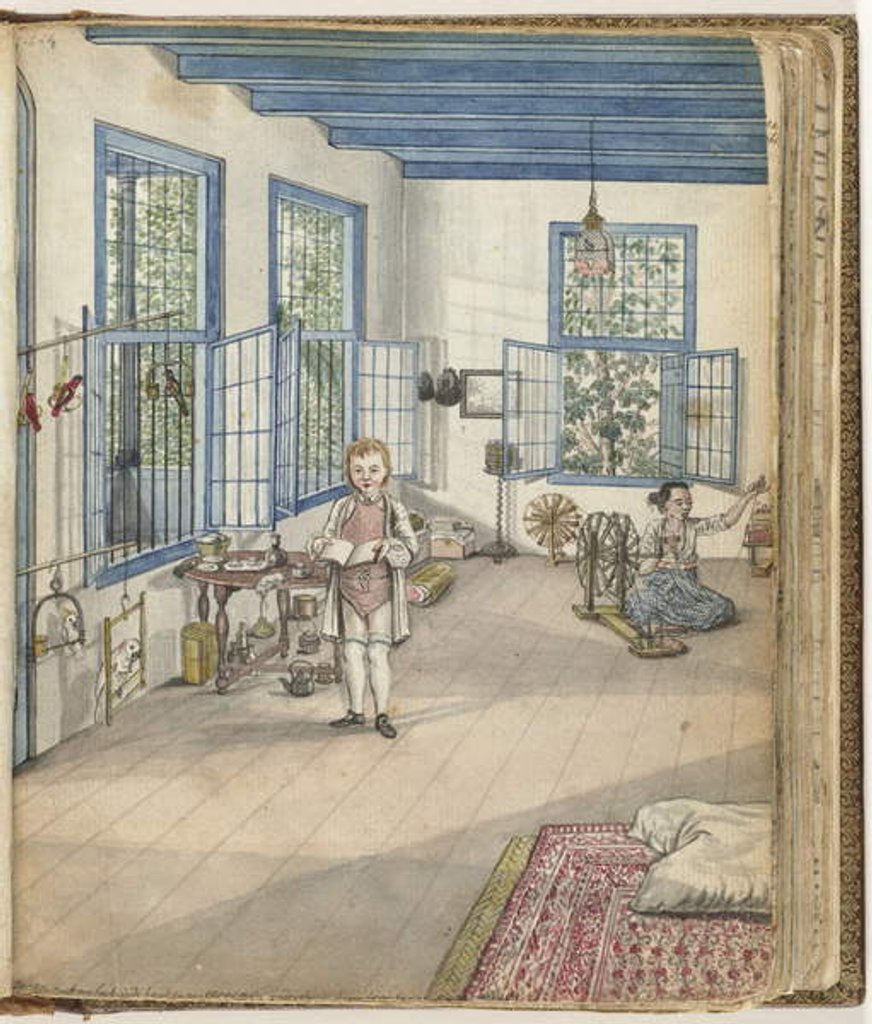 Detail of Brandes' son Johnny and the slave Flora spinning, 1784 by Jan Brandes