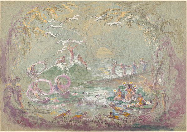 Detail of Lake Scene with Fairies and Swans (watercolour and gouache over black chalk on blue-green board by Robert Caney