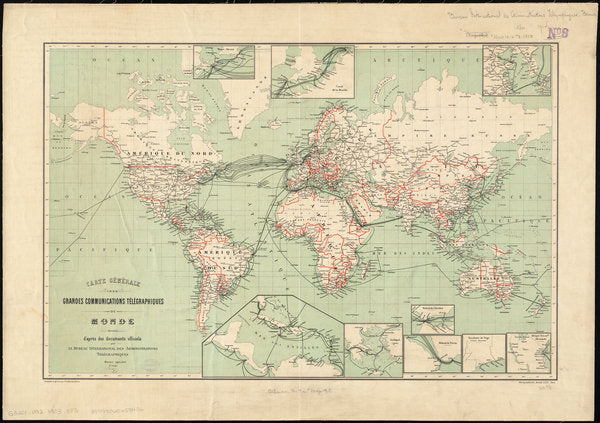 Detail of World map of telegraph lines published by the International Telegraph Bureau, 1901 Scale: [ca. 1:70,000,000] by Anonymous