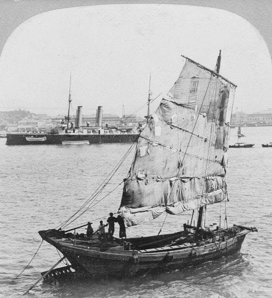 Detail of Chinese junk and British battleship in the harbour at Hong Kong, 1902 by Carlton Harlow Graves