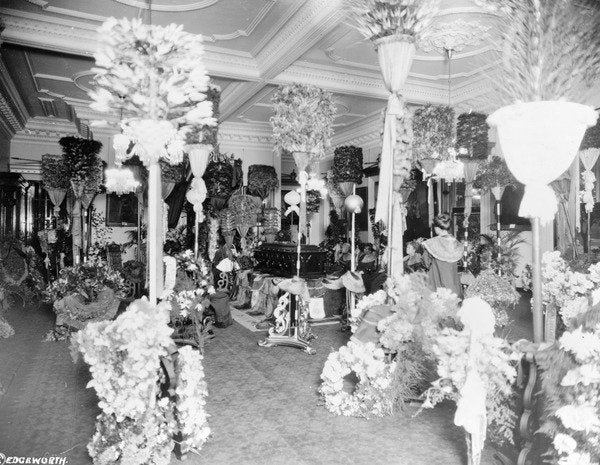 Detail of Queen Liliuokalani's coffin in the throne room at Iolani Palace, Honolulu, 1917 by Anonymous