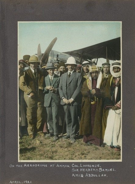 Detail of T.E. Lawrence, Sir Herbert Samuel and Amir Abdullah at Amman aerodrome, Jordan, 1921 by Anonymous