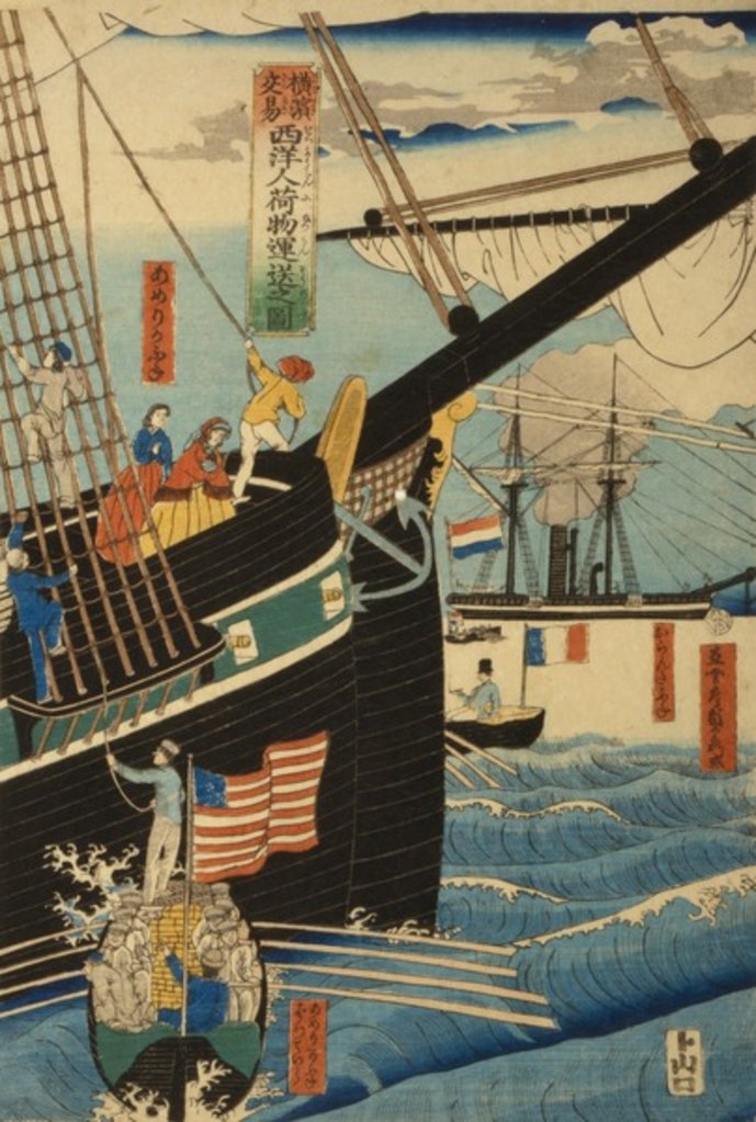 Detail of Western traders at Yokohama transporting cargo and passengers, 1861 by Utagawa Sadahide