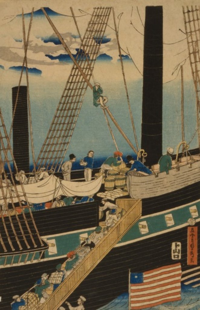 Detail of Western traders loading cargo in Yokohama, 1861 by Utagawa Sadahide