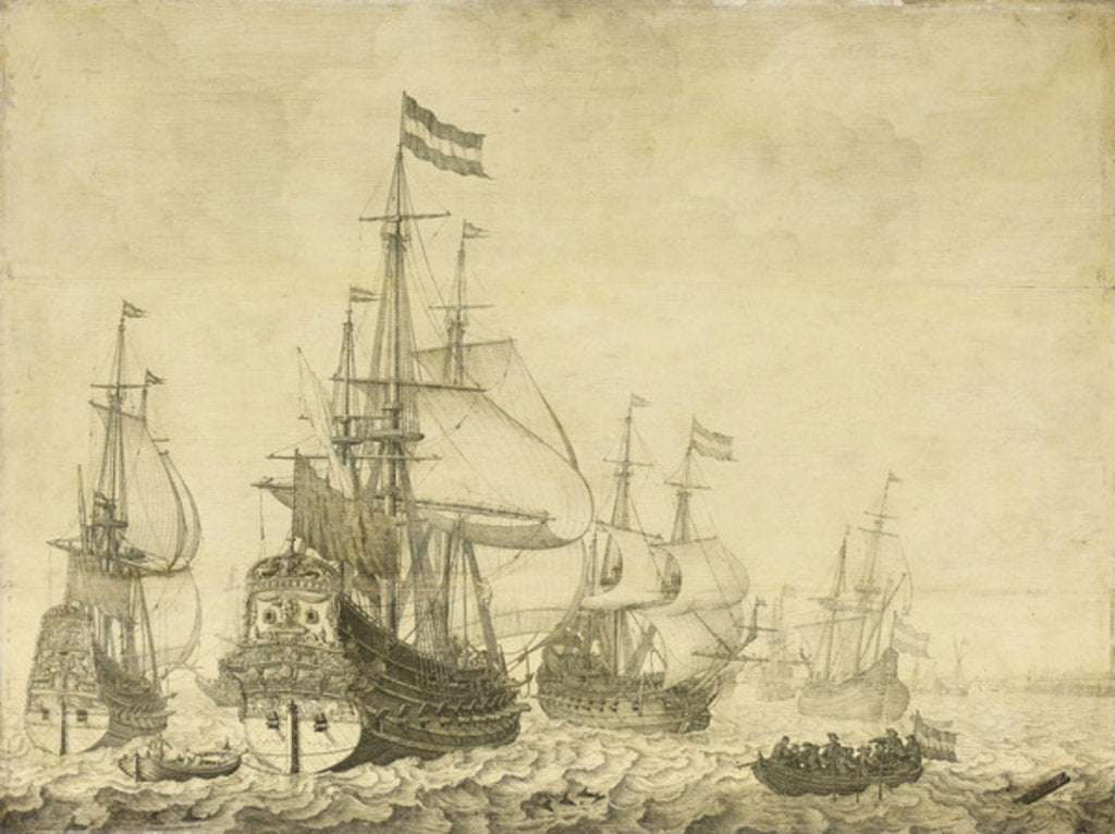 Detail of Seascape with Dutch Men-of-War including the 'Drenthe' and the 'Prince Frederick-Henry', c.1670 by Willem van de the Younger Velde