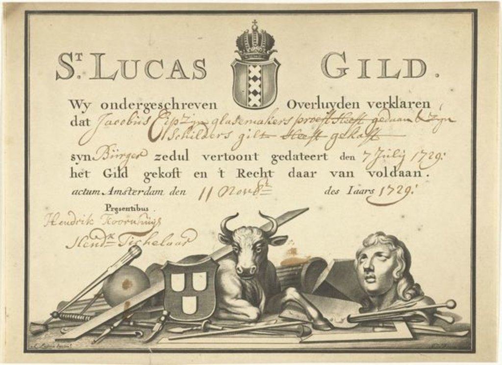 Detail of Receipt from the Guild of Saint Luke in Amsterdam to the glazier James Cip, 1729 by Dutch School