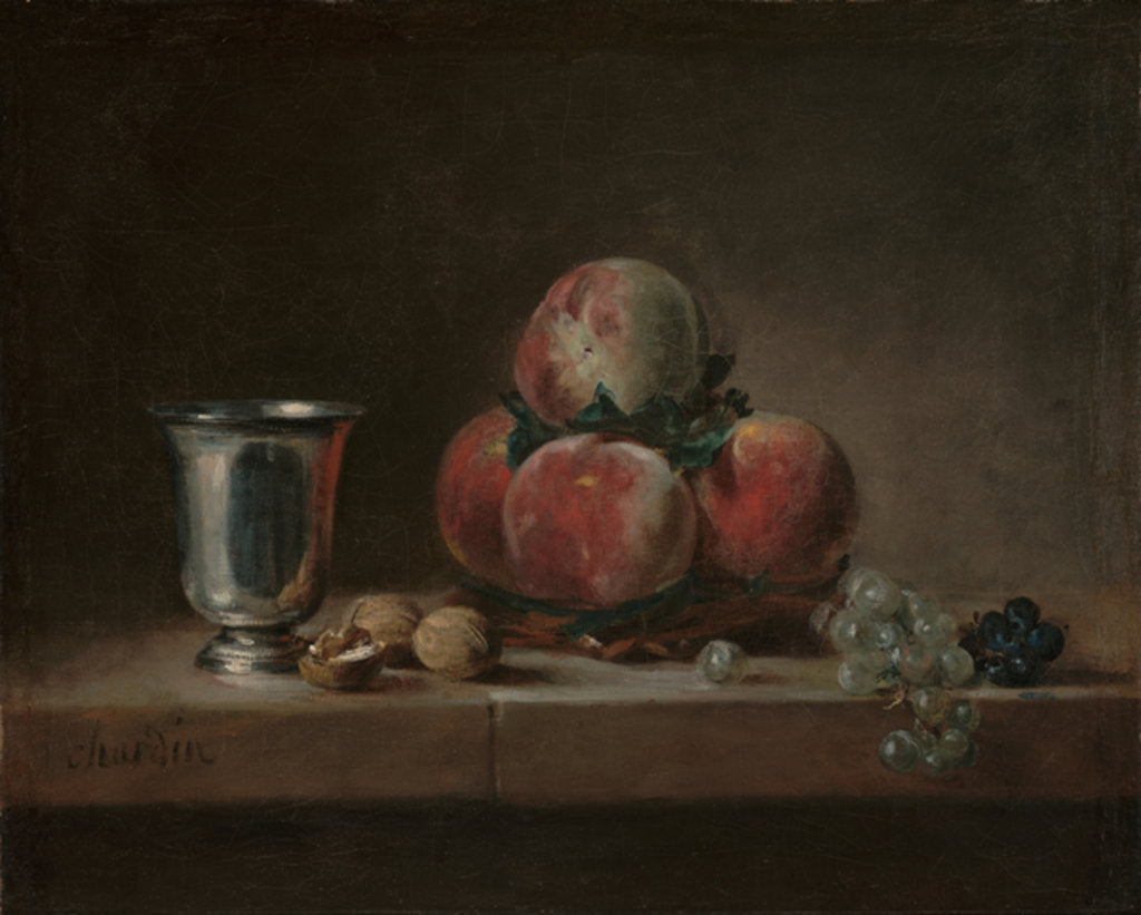 Detail of Still Life with Peaches, a Silver Goblet, Grapes, and Walnuts, c.1759-60 by Jean-Baptiste Simeon Chardin