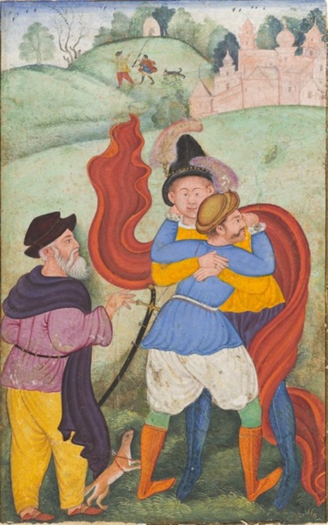 Detail of Europeans Embracing, c.1590 by Mughal School