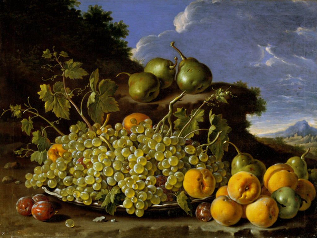 Detail of Still life with plate of grapes, peaches, pears and plums in a landscape, c.1771 by Luis Egidio Menendez or Melendez