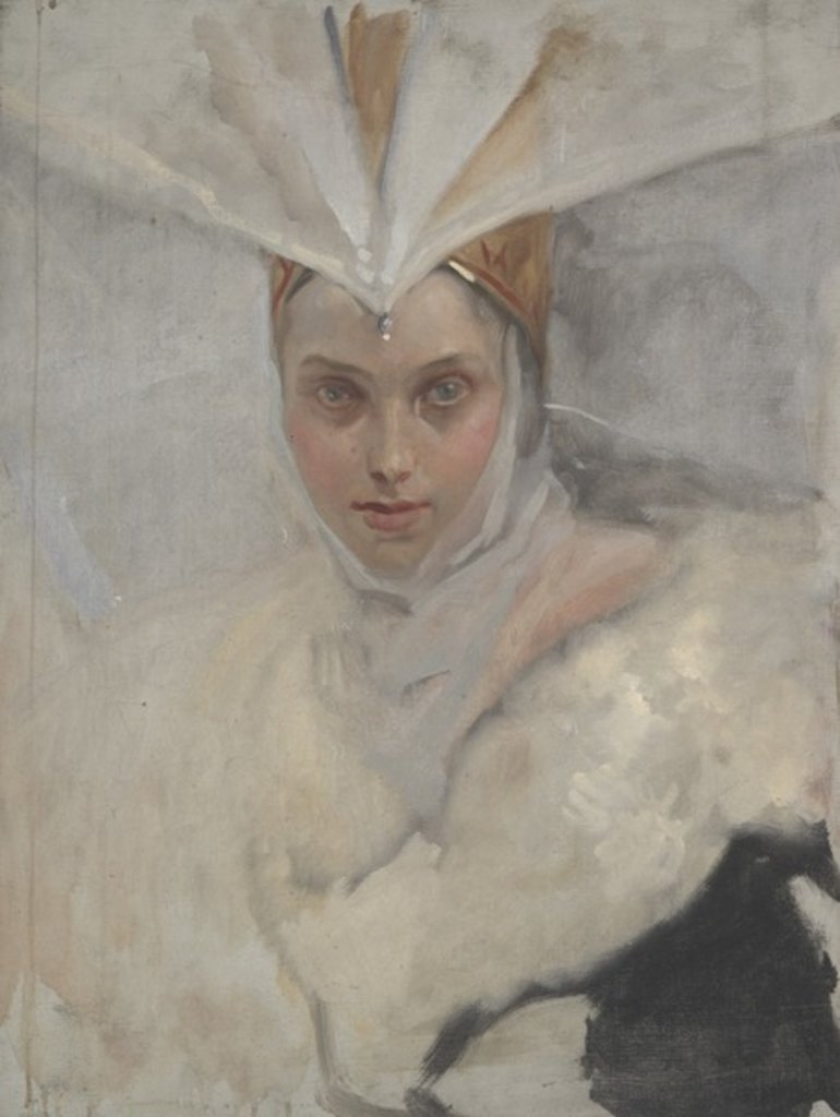 Detail of Woman with osprey headdress and white fur collar, 1897 by Edwin Austin Abbey