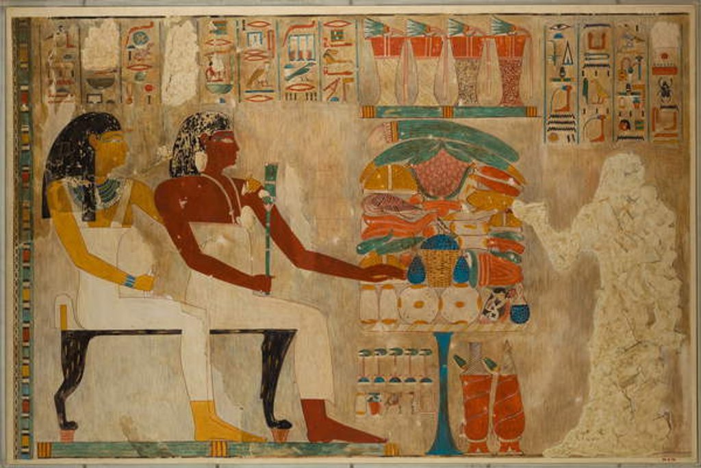 Detail of Vizier Rekhmire and his mother Meryt with food offerings, c.1928 by Charles Wilkinson