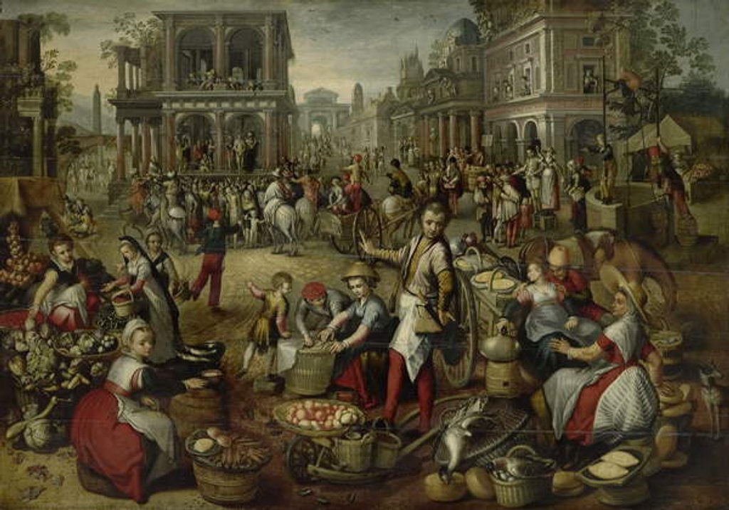 Detail of Marketplace, with the Flagellation, the Ecce Homo and the Bearing of the Cross in the background, 1550-90 by Joachim (circle of) Beuckelaer or Bueckelaer