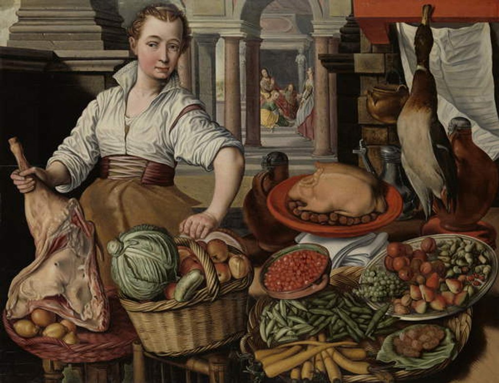 Detail of Kitchen Scene, with Jesus in the House of Martha and Mary in the background, 1569 by Joachim Beuckelaer or Bueckelaer