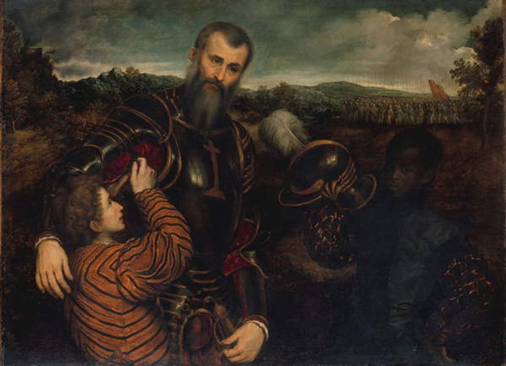 Detail of Portrait of a Man in Armor with Two Pages by Paris Bordone