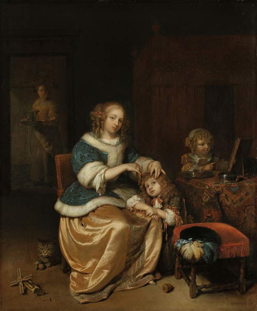 Detail of Interior with a Mother Combing her Child’s Hair, Known as ‘Maternal Care’, 1669 by Caspar Netscher