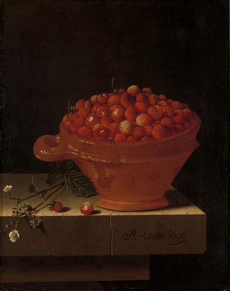 Detail of A Bowl of Strawberries on a Stone Plinth, 1696 by Adrian Coorte