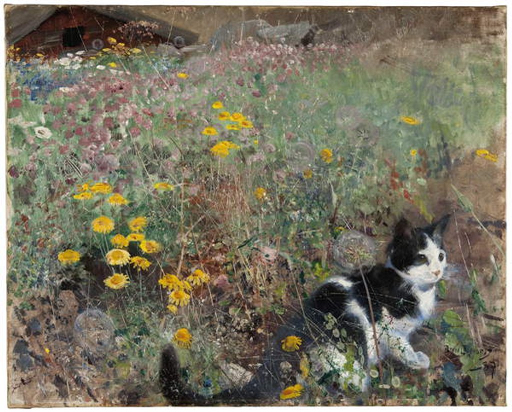Detail of Cat on a flowery meadow, 1887 by Bruno Andreas Liljefors