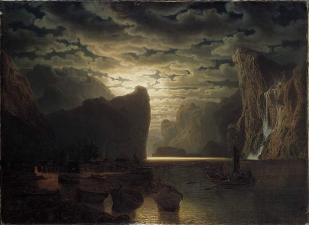 Detail of Norwegian Fjord in Moonlight, 1861 by Marcus Larson