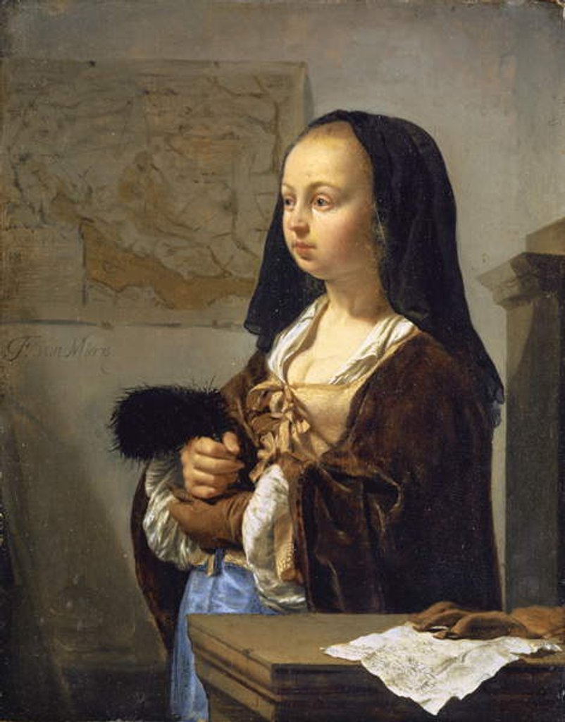 Detail of Young Woman with Feather Fan Prepared to Go Out, 1657-59 by Frans van Mieris