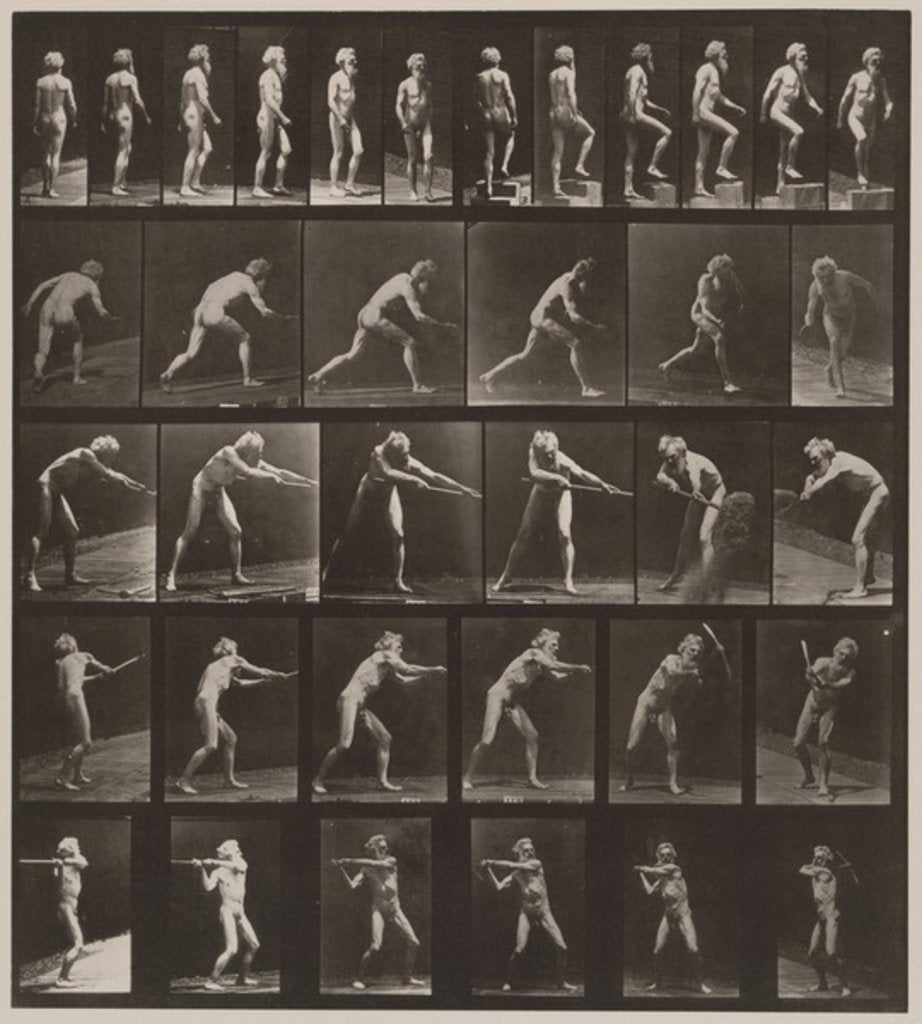 Detail of Plate Number 521. A, walking; B, ascending step; C, throwing disk; D, using shovel; E, using pick; F, using pick, 1887 by Eadweard Muybridge
